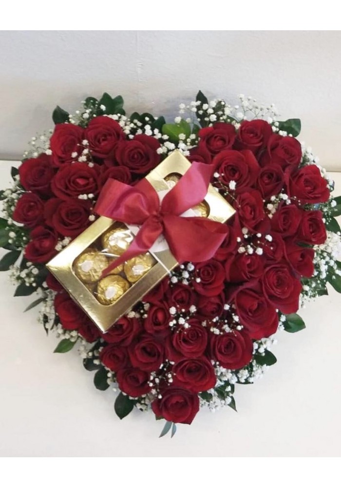 Coração com 40 rosas + Ferrero Rocher